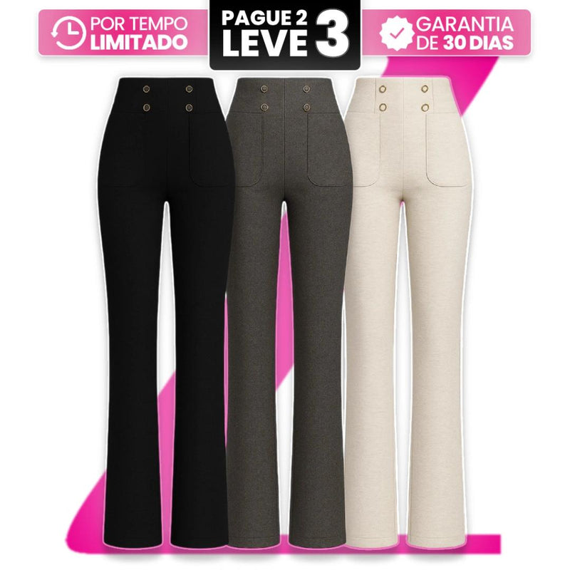 |Leve 3, Pague Só 2| Calça Solena Feminina em Algodão, Poliéster e Viscose de Cintura Alta com Botões Frontais!