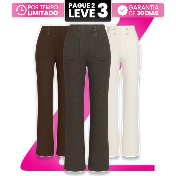 |Leve 3, Pague Só 2| Calça Solena Feminina em Algodão, Poliéster e Viscose de Cintura Alta com Botões Frontais